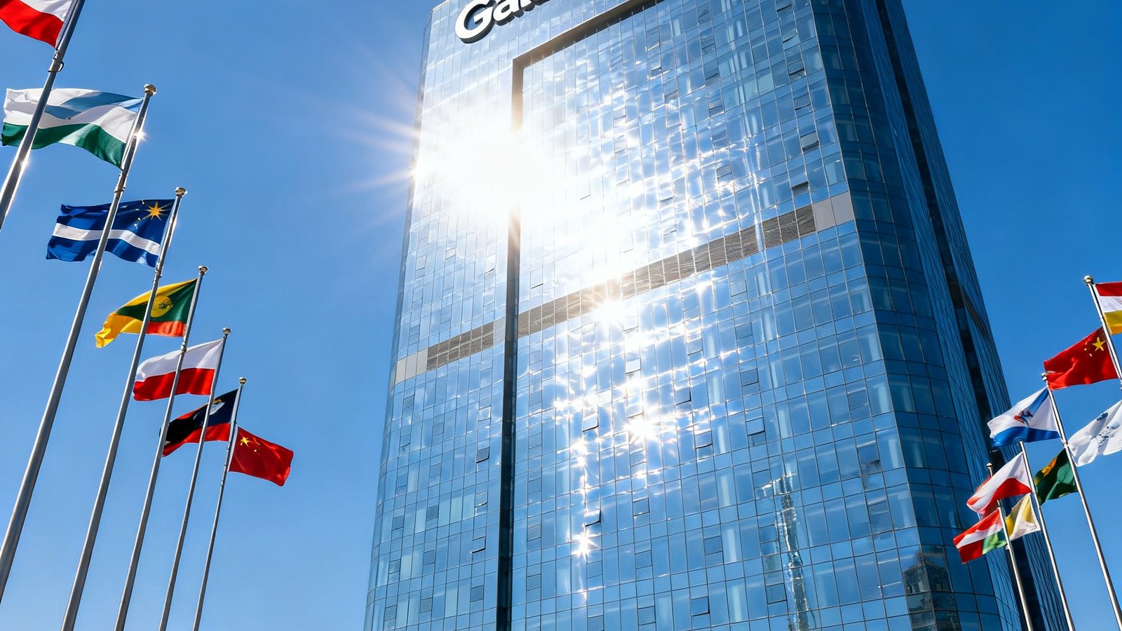 Galaxy银河集团总部办公大楼外景，现代化玻璃幕墙建筑在阳光下熠熠生辉，楼前广场飘扬着多国旗帜，象征集团国际化业务布局。